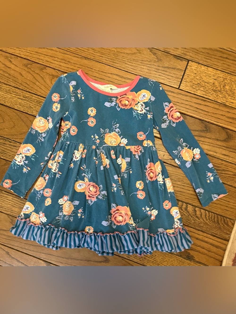 Matilda Jane Teal Floral Long-Sleeve Twirl Dress with Coral Trim